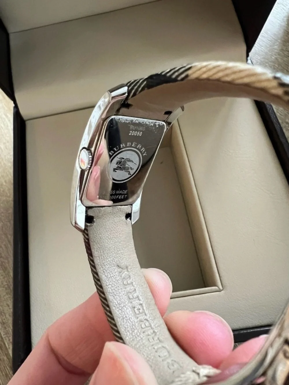 Burberry Plaid Strap Rectangular Watch in Beige, Black, Red
